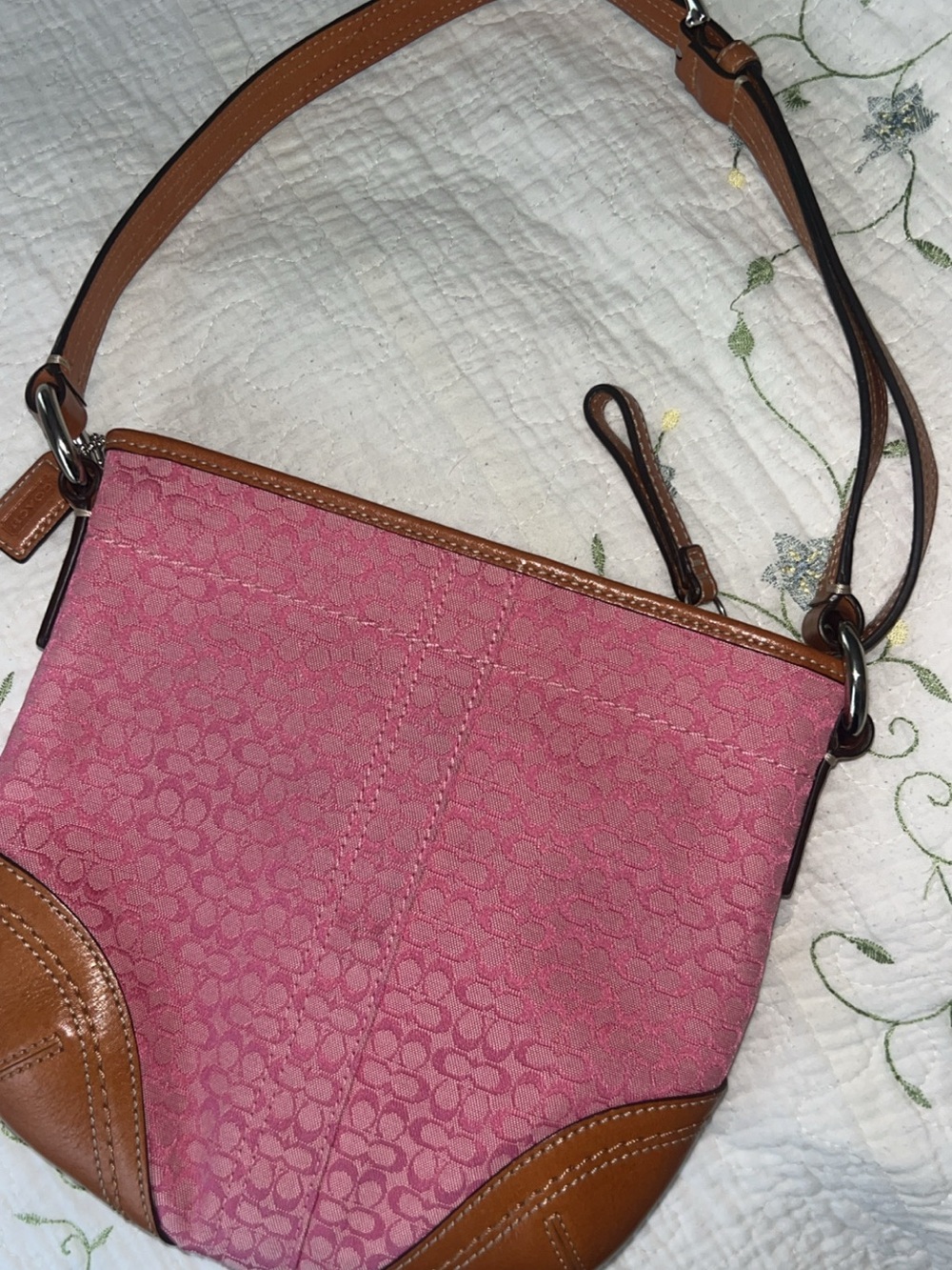 Coach Pink Canvas Shoulder Bag with Tan Leather Trim